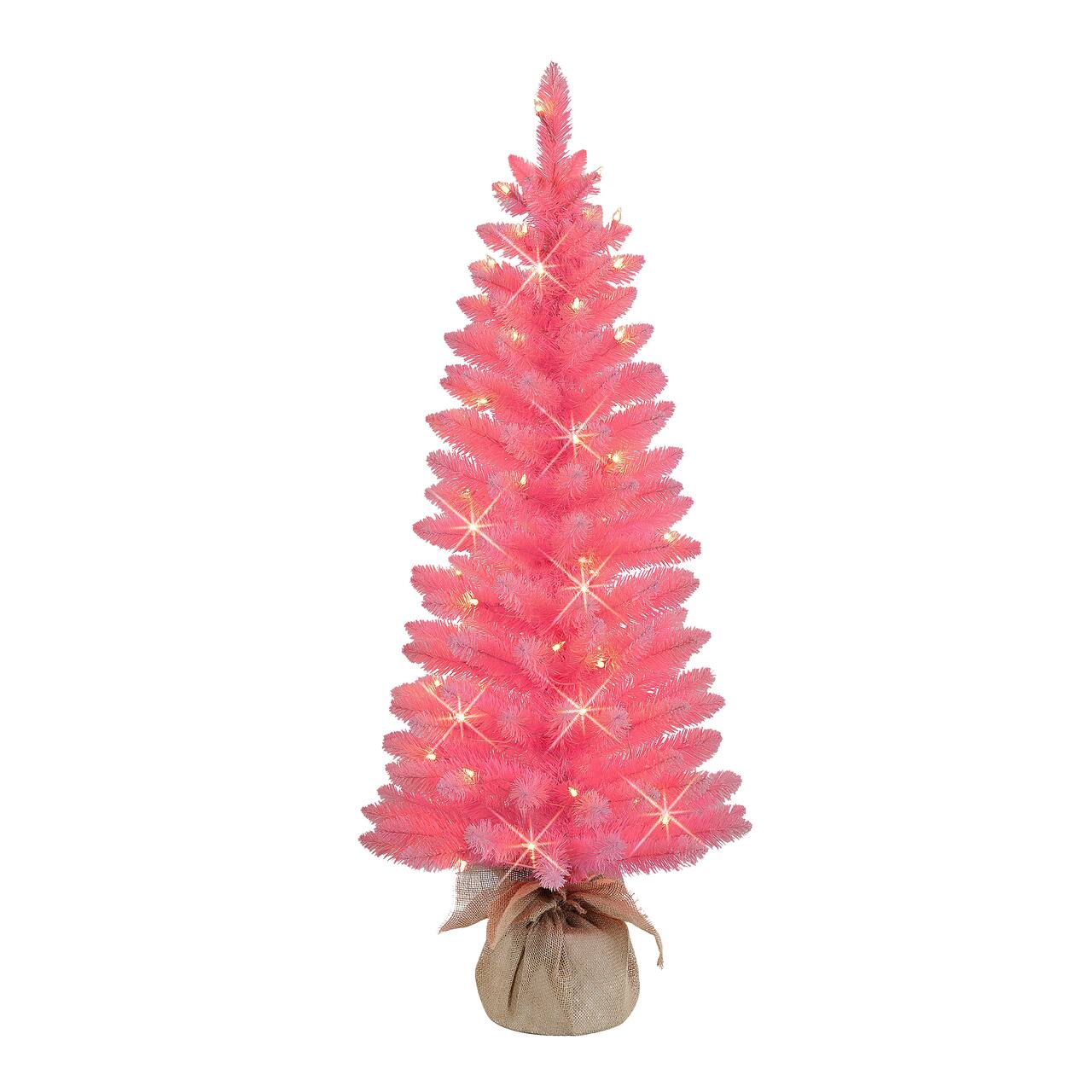 4ft. Pre-Lit Pink Artificial Tree in Burlap Sac, Clear Lights